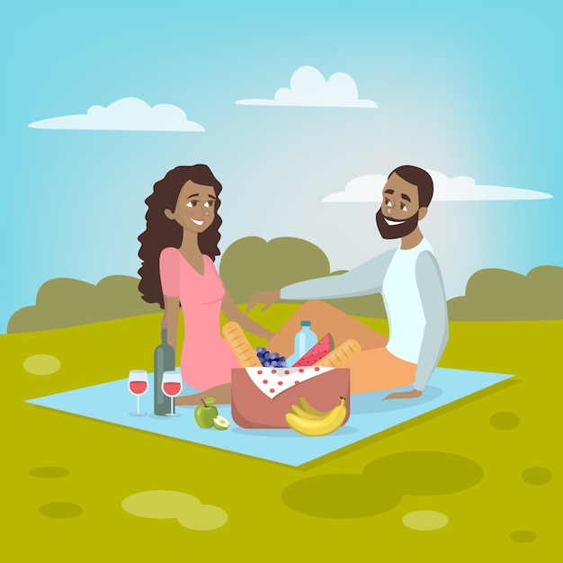 Paar beim Picknick Afroamerikanisches Paar sitzt im Park auf einer Decke mit Essen