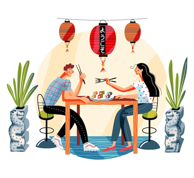 Kostenloser Vektor paar im japanischen sushi-restaurant junger mann und frau sitzen am tisch und essen bei romantischem date im café asiatische traditionelle küche modernes innendesign