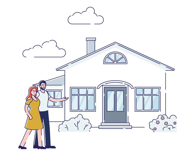 Immobilien Konzept Kaufen Sie Hausplakat Mit Den Mannhanden Die Geld Fur Das Hauptgebaude Zahlen Illustration Premium Vektor