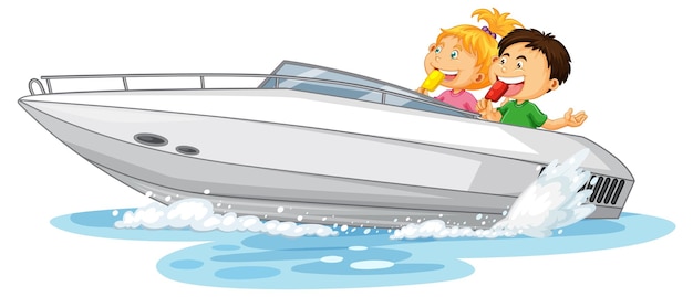 Paar kinder auf schnellboot auf weißem hintergrund
