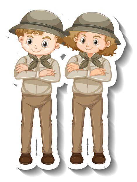 Paar kinder tragen safari-outfit-cartoon-charakter-aufkleber