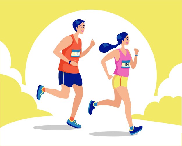 Paar läuft, gesundheitsbewusstes Konzept. Sportliche Frau und Mann joggen. Illustration von Läufern