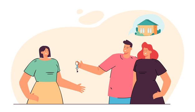 Paar verheiratete Leute, die Schlüssel zum neuen Haus halten Mann und Frau, die von der flachen Illustration des Eigentums träumen