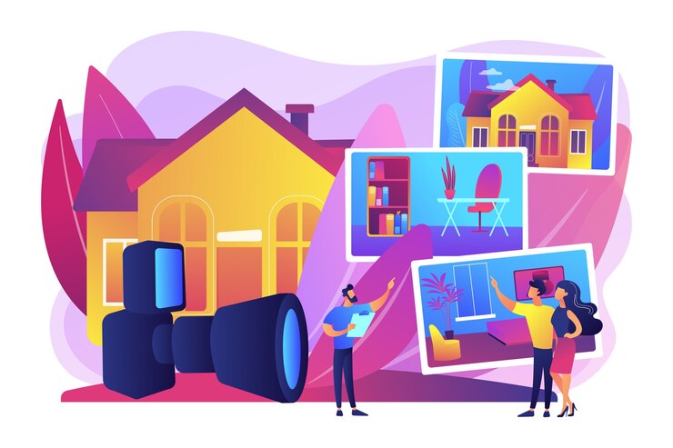 Kostenlose Vektor paar wählt wohnung. immobilienfotografie, immobilienfotografie, fotografie für makler und werbekonzept. helle lebendige violette isolierte illustration