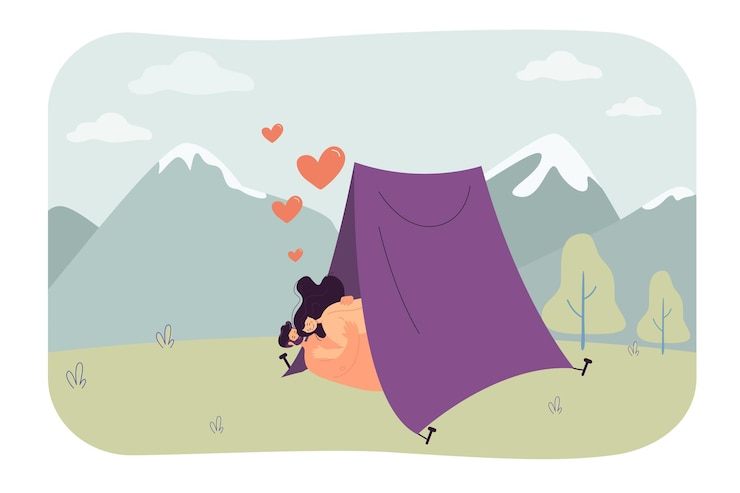 Kostenlose Vektor paare, die liebe im zelt in den bergen machen, flache vektorillustration. junge nackte paare, die liegen und sich umarmen. zärtlichkeit, romantik, intimes lebenskonzept für banner, website-design oder landing-webseite