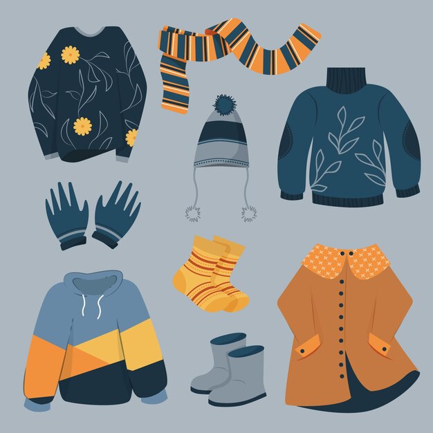 Packung flache Winterkleidung und das Nötigste