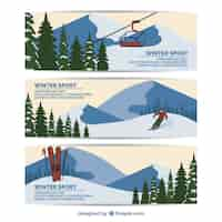 Kostenloser Vektor packung mit drei flachen banner mit wintersport