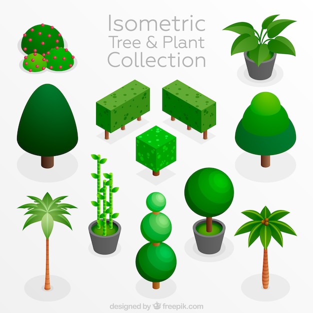 Kostenloser Vektor packung mit pflanzen und bäumen in isometrischer design