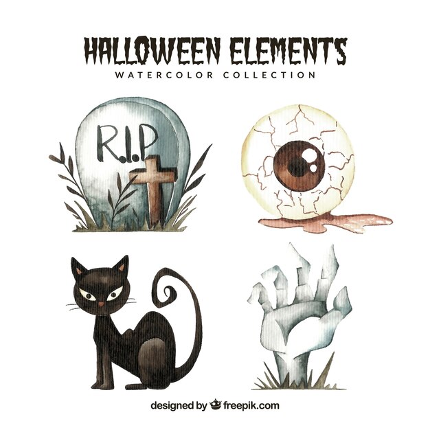 Packung mit vier Aquarell-Halloween-Elementen