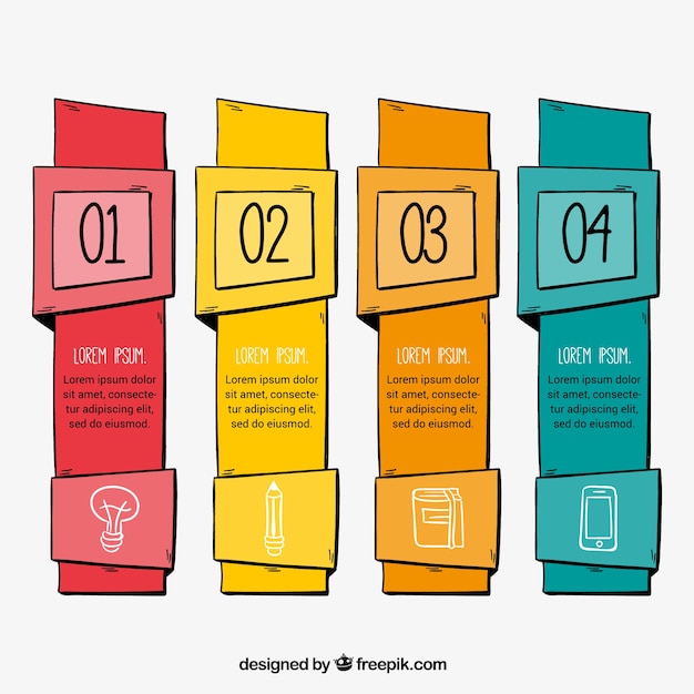 Packung mit vier handgezeichnete infografik banner mit verschiedenen farben