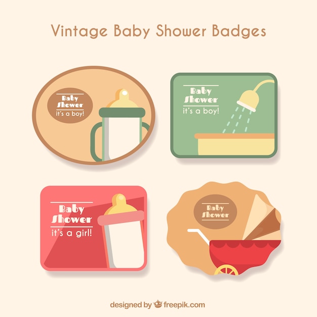 Packung mit vier vintage baby-dusche abzeichen