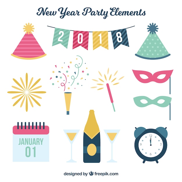 Packung neujahr party-elemente in flaches design