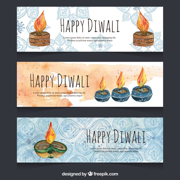 Packung von drei glücklichen aquarell banner diwali