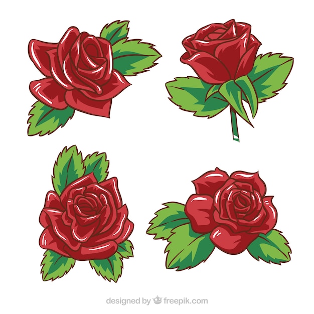 Kostenloser Vektor packung von vier handgezeichneten roten rosen
