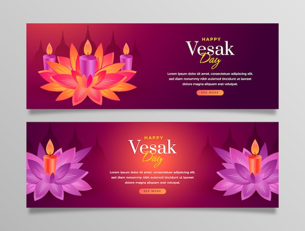 Kostenloser Vektor paket mit horizontalen vesak-bannern mit farbverlauf