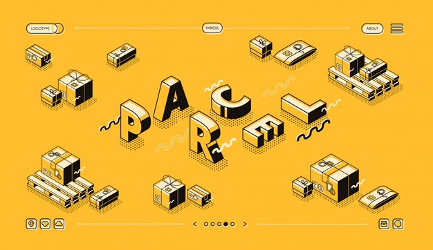 Paketlieferungs- und Beitragslogistikillustration in der dünnen Linie Wortbuchstaben entwerfen.