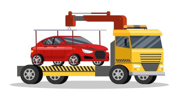 Pannenhilfe mit borkenem auto drauf. abschleppwagen transport zum reparaturservice. illustration