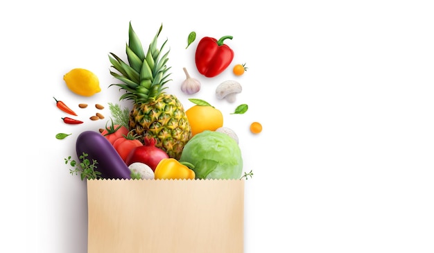 Papiertüte mit Gemüse, realistische Zusammensetzung mit vorderster Sicht von reifem Obst und Gemüse auf leerem Hintergrund, Vektorillustration