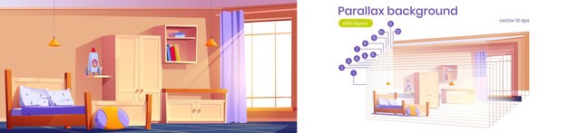 Parallaxe Hintergrund Kinderzimmer 2D-Spiel Vektor