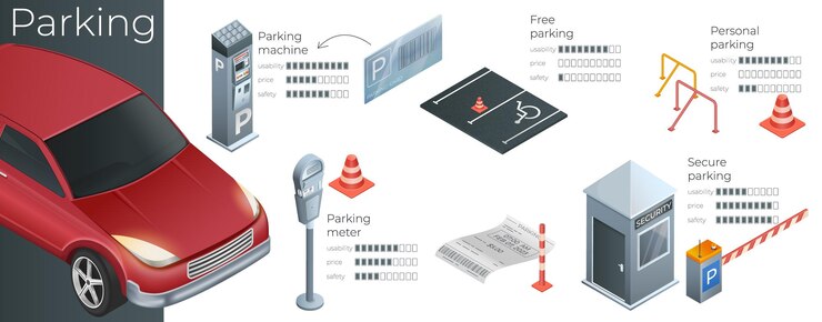 Kostenlose Vektor parkplatz-infografik-layout mit parkautomaten-parkuhr, sicherer kabinenplatz für behinderte, realistische elemente, vektorillustration