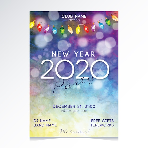 Party-plakatschablone des neuen jahres 2020 des aquarells