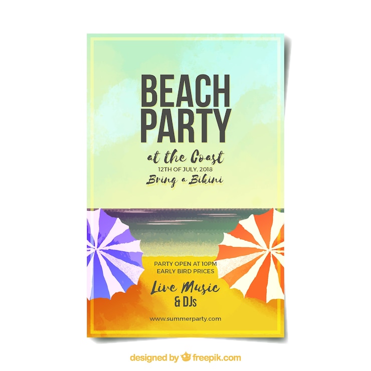Kostenlose Vektor party poster mit blick auf den strand