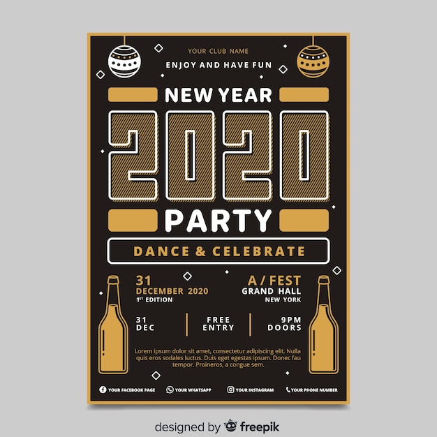 Kostenloser Vektor partyflyer des neuen jahres 2020 im flachen design