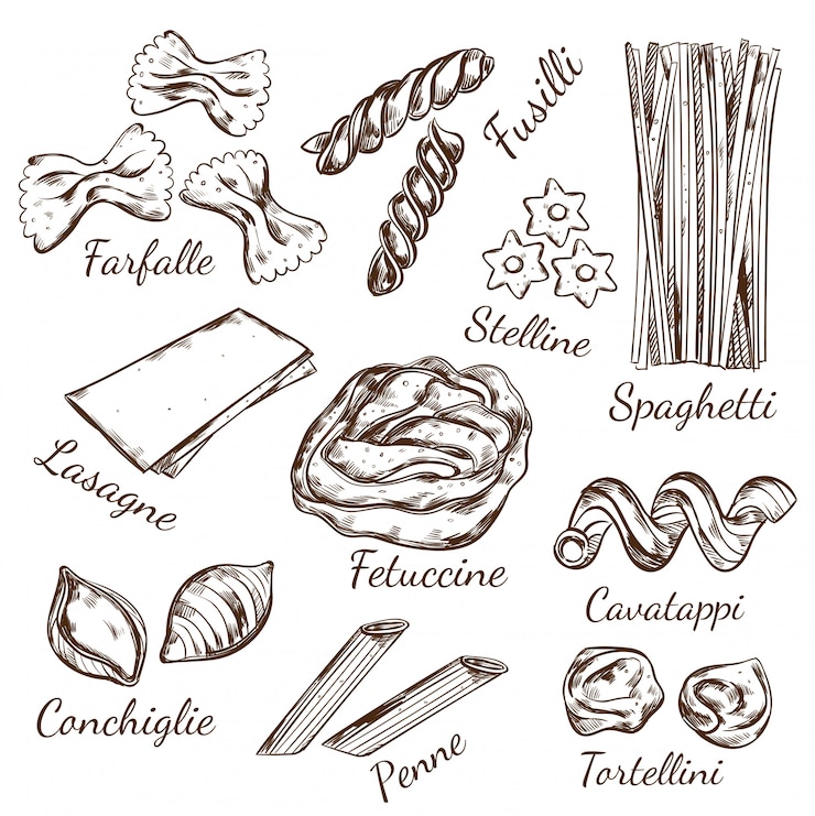 Kostenlose Vektor pasta types sketch set