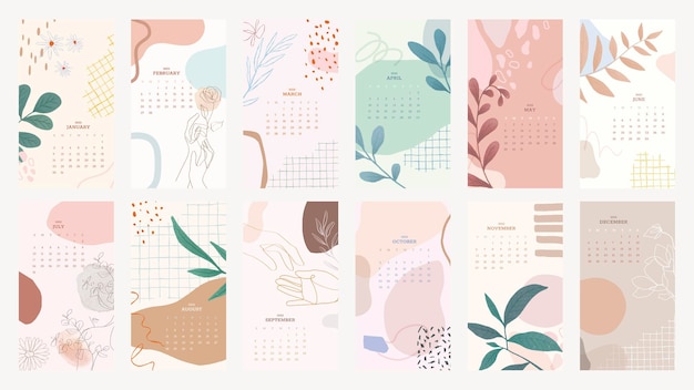 Pastell floral & botanischer jahreskalender druckbare vektorvorlagensatz