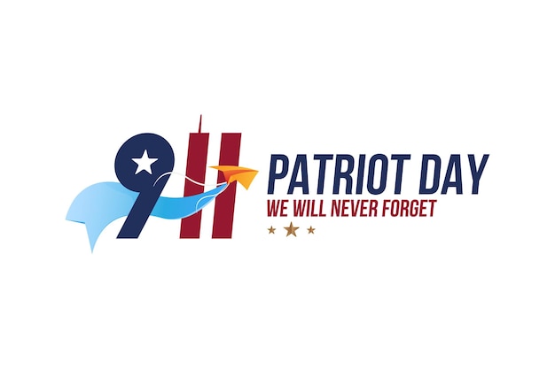 Patriot day 11. september 2001 wir werden es nie vergessen. schriftbeschriftung mit twin towers auf weißem hintergrund. banner zum gedenktag des amerikanischen volkes. flachelement eps 10