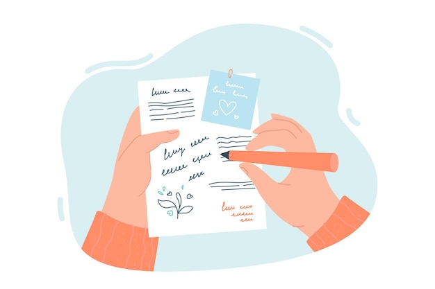 Person, die flache Vektorillustration des Liebesbriefes schreibt. Stift in menschlicher Hand. Person, die einen Brief sendet oder empfängt. Korrespondenz, Kommunikation, Beziehung, Freundschaftskonzept