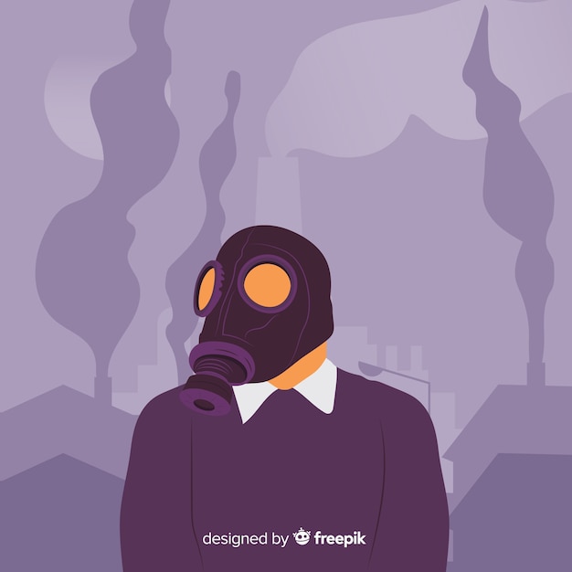 Person mit maske um giftigen nebel