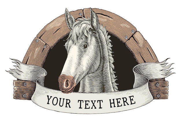 Pferdefarm logo handzeichnung vintage gravur stil clipart isoliert auf weiß