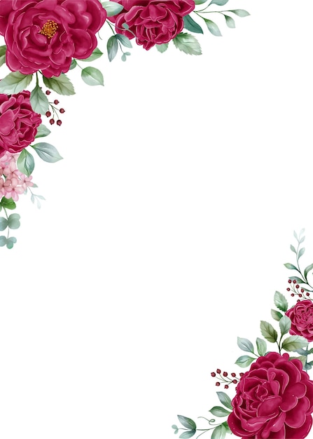 Pfingstrosen Maroon Blumenrahmen Hochzeitseinladung Blumenrahmen mit Pfingstrosen Blättern und Beeren isoliert auf weißem Hintergrund Für Design Kartendruck und Einladungen