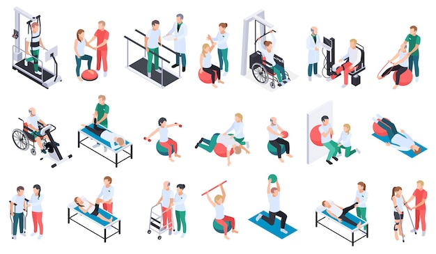 Physiotherapeut praktiziert Rehabilitation medizinisches Zentrum Erholungsübungen Programmausrüstung Massagebehandlung isometrische Symbole setzen isolierte Vektorillustration