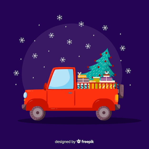 Kostenloser Vektor pick-up lkw mit weihnachtsbaum