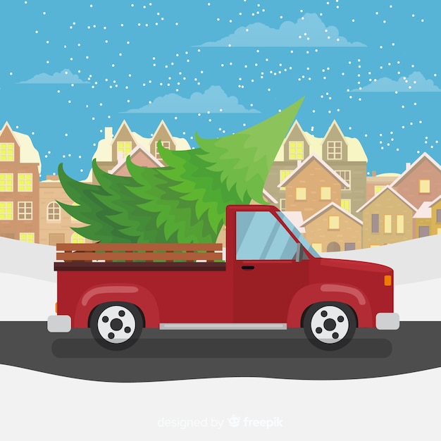 Kostenloser Vektor pickup truck mit weihnachtsbaum