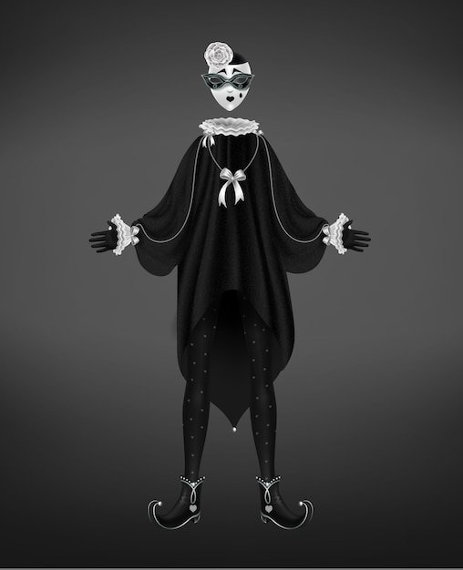 Pierrot-Kostüm, italienischer Comedy del Arte-Charakter lokalisiert auf schwarzem Hintergrund.