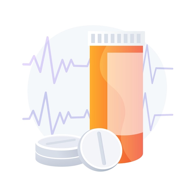 Pillen für Herz, Tabletten Flasche. Drogerieprodukte, Gesundheitswesen, Antibiotika-Dosierung. Schmerzmittel, Analgetika, Beruhigungsmittel auf weißem Hintergrund. Vektor isolierte Konzeptmetapherillustration