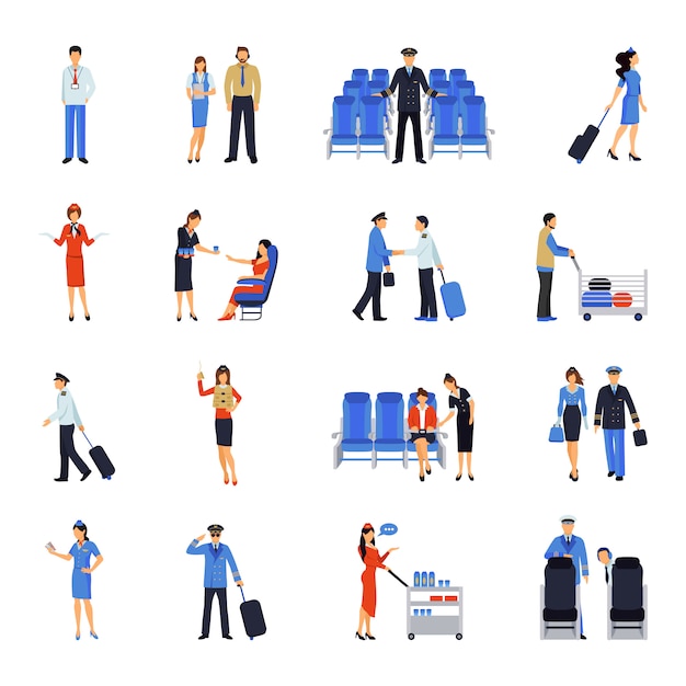 Kostenloser Vektor pilot und stewardess flat icons set