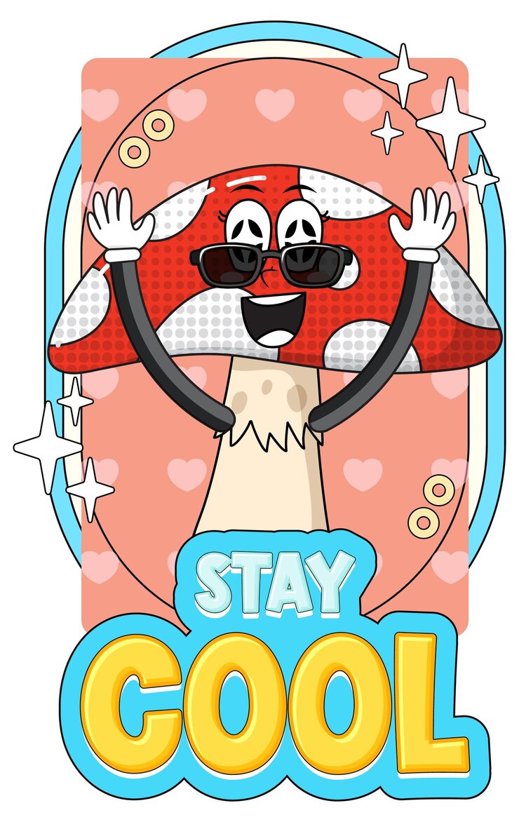 Kostenlose Vektor pilz-cartoon-figur mit stay-cool-abzeichen