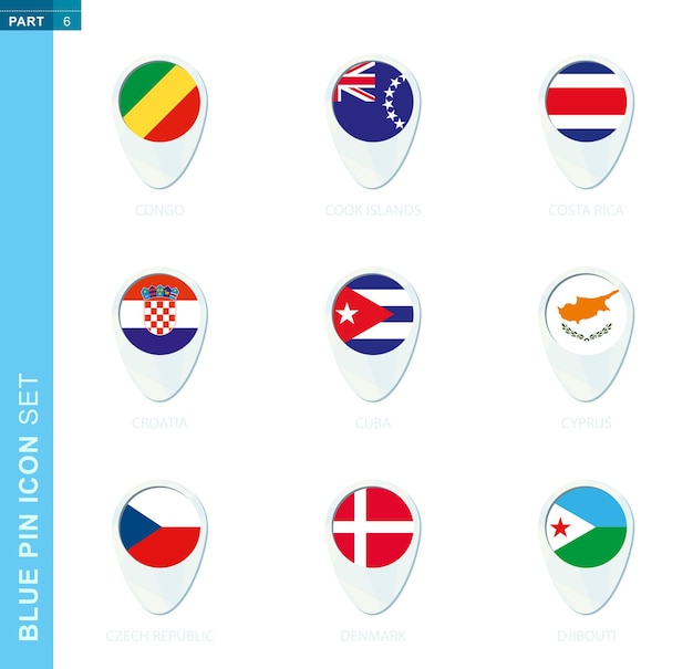 Pin-flag-set, kartenstandort-symbol in blauen farben mit flagge von kongo, cookinseln, costa rica, kroatien, kuba, zypern, tschechische republik, dänemark, dschibuti