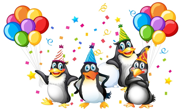 Kostenlose Vektor pinguin-gruppe in der partythema-zeichentrickfigur auf weiß