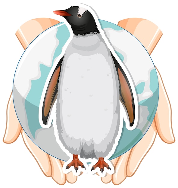 Kostenloser Vektor pinguin und erde auf menschlichen händen