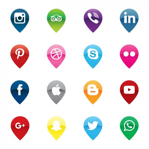 Kostenlose Vektor pins karte social media icons pack