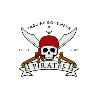 Piraten totenkopf mit sich kreuzenden schwertern vintage boot schiff sailor logo design inspiration