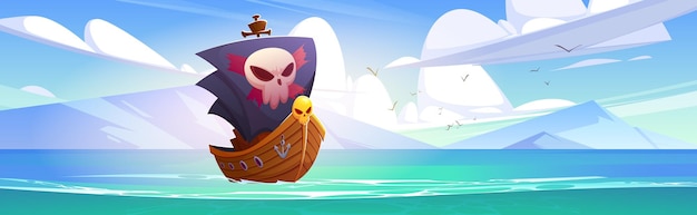 Piratenschiff mit schwarzen segeln mit totenkopf im meer