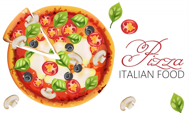Pizza mit Basilikumblättern, Tomaten, Sauce, Mozzarella, Pilzen und schwarzen Oliven