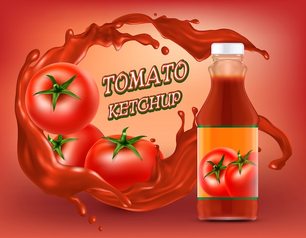Plakat des Ketschups in der Plastik- oder Glasflasche mit dem Spritzen der zerrissenen Tomate