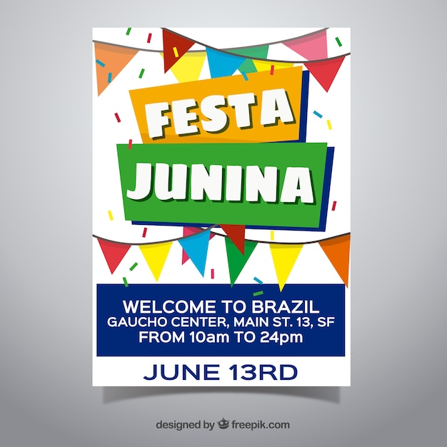 Plakateinladung festa junina mit flachen wimpeln